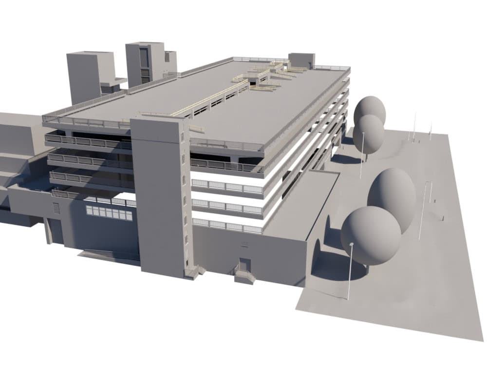 Scan-to-BIM: 3D-Gebäudemodell eines Bürokomplexes mit Dachaufsicht und Erschließungskernen