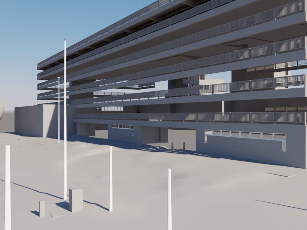 3D-Gebäudemodell eines mehrgeschossigen Parkhauses in der Außenansicht