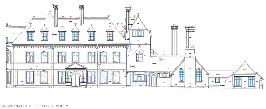 2D-Fassadenansicht eines Gebäudes aus 3D-Laserscanning und Drohnenvermessung