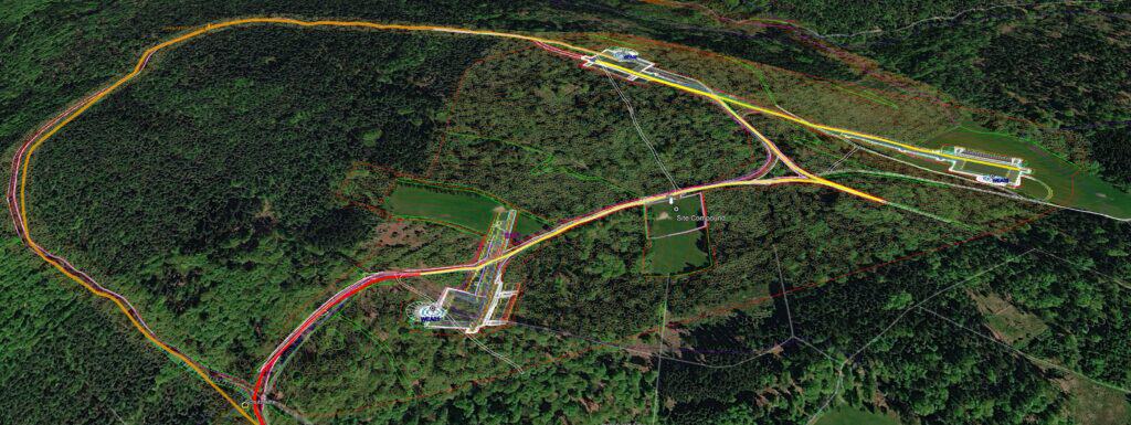 Topografische Windpark-Vermessung per LiDAR-Drohne, digitalisiert und als 3D-Topografie über die Planung gelegt